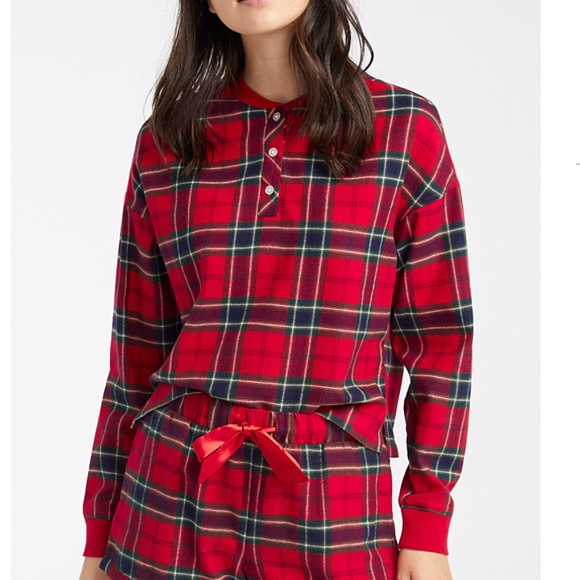 Red plaid check tartan organic cotton cabin lounge check shirt NWT - Picture 1 of 14